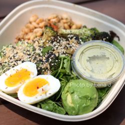 Picnic - Goddess Greens Salad + Soft Boiled Egg ($12.90) - Mixed Greens, Arugula, Avocado, Charred Broccoli, Cucumber, Beans, Everything Seasoning