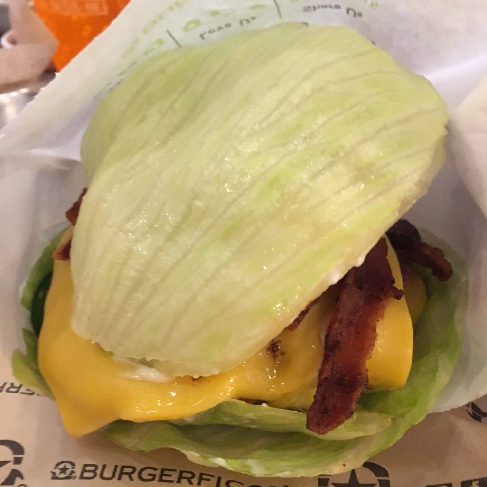 BurgerFi - Green Style Bacon Cheeseburger with lots of toppings! They have amazing pickles! - Burgers Near Me - Auburn, Alabama