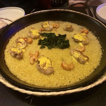 MAD - Wood roasted rice Rape (Monkfish, Prawns, Saffron and spinach) - Spanish Near Me - Houston, Texas MAD - Wood roasted rice Rape (Monkfish, Prawns, Saffron and spinach) - Spanish Near Me - Houston, Texas