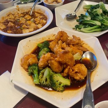Taste Of China - Mapo tofu (left) Deep fried shrimp with spicy garlic sauce (front center) garlic bok choy (right) - Chinese Near Me - Duluth, Georgia
