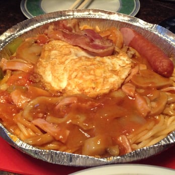Congee Noodle House - Spaghetti in Tomato Sauce with Egg, Ham and Bacon - Noodles Near Me - Vancouver, British Columbia Congee Noodle House - Spaghetti in Tomato Sauce with Egg, Ham and Bacon - Noodles Near Me - Vancouver, British Columbia