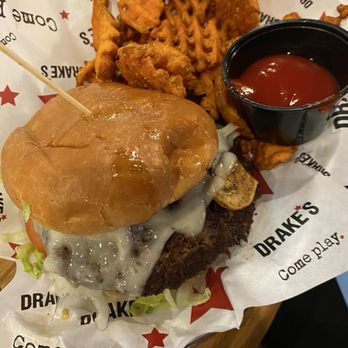 Drake's - The Mushroom Swiss Burger with sweet potatoes fries, all was great. - American Near Me - Huntsville, Alabama