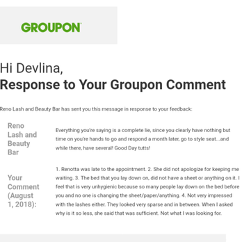Reno Lash and Beauty Bar - Quite a "classy" response to my feedback on Groupon. - Makeup Artists Near Me - Addison, Texas