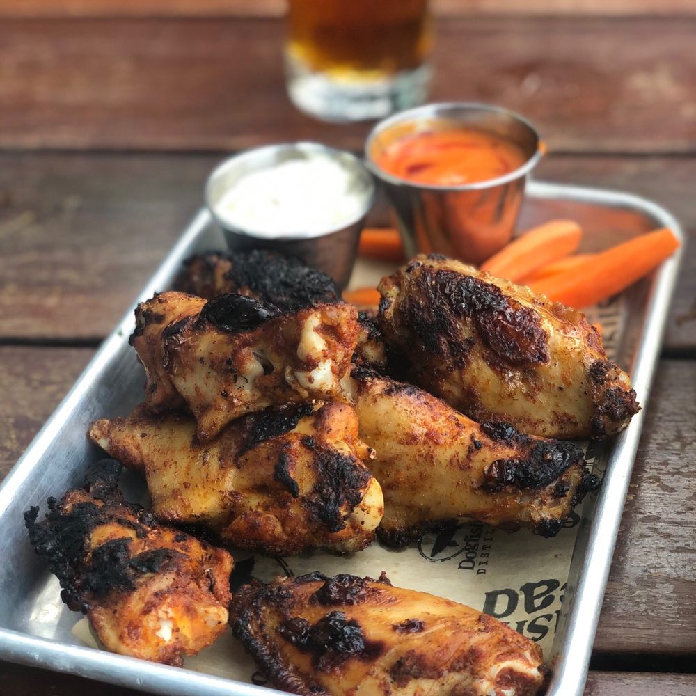 Dogfish Head Brewings & Eats - Dry rub wings with a side of mild and bleu (must get!) - American Near Me - Rehoboth Beach, Delaware Dogfish Head Brewings & Eats - Dry rub wings with a side of mild and bleu (must get!) - American Near Me - Rehoboth Beach, Delaware