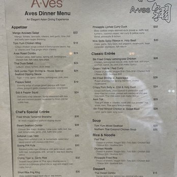 Aves - Dinner Menu - Chinese Near Me - New York, New York