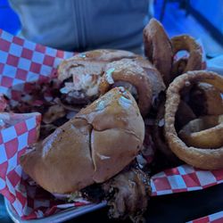 Whiskey Throttle BBQ - Brisket sandwich w onion rings