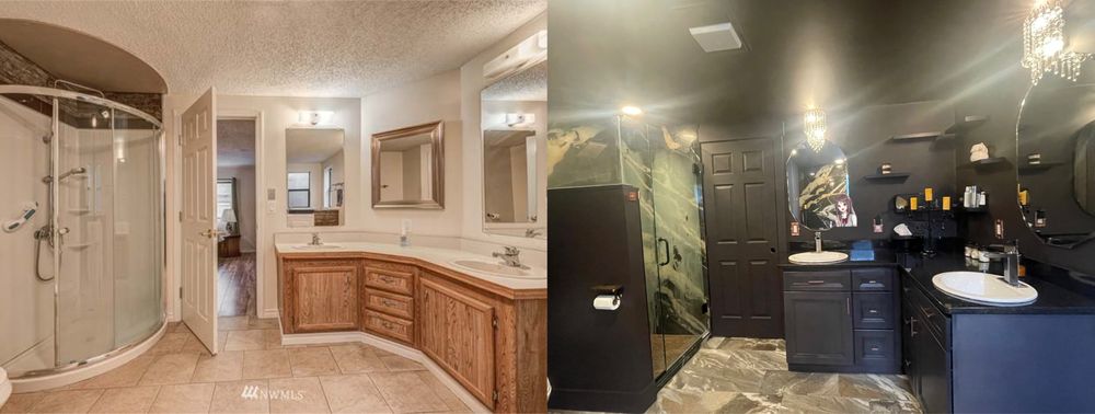 Elevated Building Design - Before and after of the master bathroom. The pic of the before is deceptive with the wide angle, the corner shower was tiny before. - General Contractors Near Me - Everett, Washington Elevated Building Design - Before and after of the master bathroom. The pic of the before is deceptive with the wide angle, the corner shower was tiny before. - General Contractors Near Me - Everett, Washington