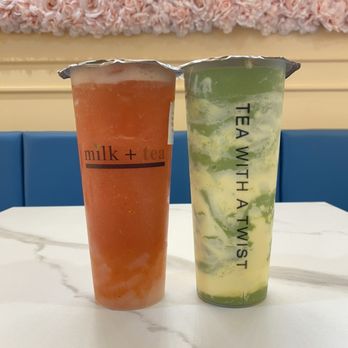 Milk+Tea - Fresh fruit strawberry green tea with lychee jelly (left) and crematcha (right) - Bubble Tea Near Me - Austin, Texas