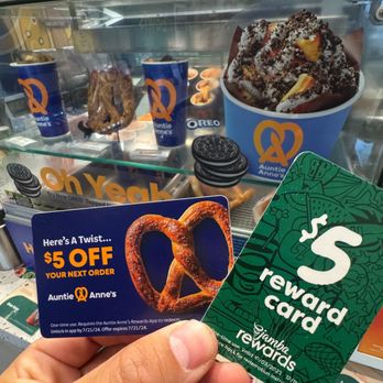 Auntie Anne's - Moms, Dads, and Grads event! Get $5 in rewards when you buy a $25 certificate. April 28 through June 15 - Pretzels Near Me - Boone, North Carolina Auntie Anne's - Moms, Dads, and Grads event! Get $5 in rewards when you buy a $25 certificate. April 28 through June 15 - Pretzels Near Me - Boone, North Carolina