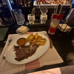 Steak iberico, rose cocktail