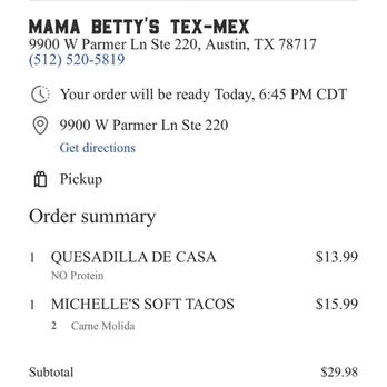 Mama Betty’s - Order confirmation for pick up at 6:45 - Cocktail Bars Near Me - Austin, Texas