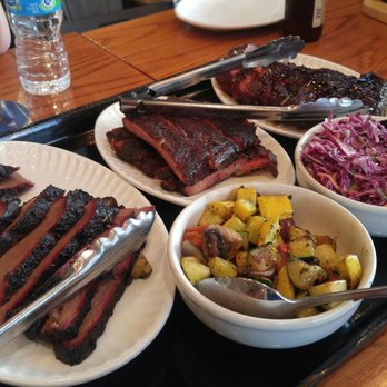 Gatlin's BBQ - Rack of spare ribs, baby back ribs, brisket, and sides (cole slaw and grilled veggies) - Barbeque Near Me - Houston, Texas