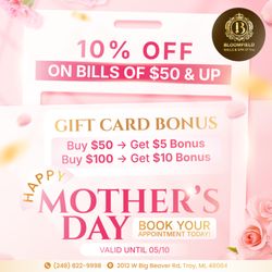 Bloomfield Nails & Spa - Enjoy 10% OFF any bill of $50
Buy a $50 Gift Card Get $5 Bonus
Buy a $100 Gift Card Get $10 Bonus
Offer valid now to May 10