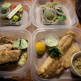 Walleye dinner with rice pilaf and tossed salad Greek platter with chicken, grape leaves, spanikopita, and side green salad. Walleye dinner with rice pilaf and tossed salad Greek platter with chicken, grape leaves, spanikopita, and side green salad.