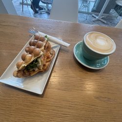 Awake Coffeehouse - Spicy chicken bubble waffle and a vanilla latte