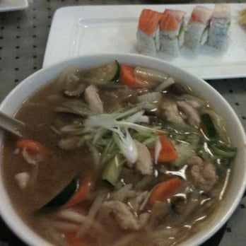 Shogun - Chicken udon in the foreground. Rainbow roll in the back. - Sushi Bars Near Me - Stockton, California