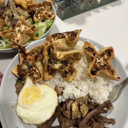 Pho Peoria - Combination rice plate, crab Rangoons, combination noodle plate
