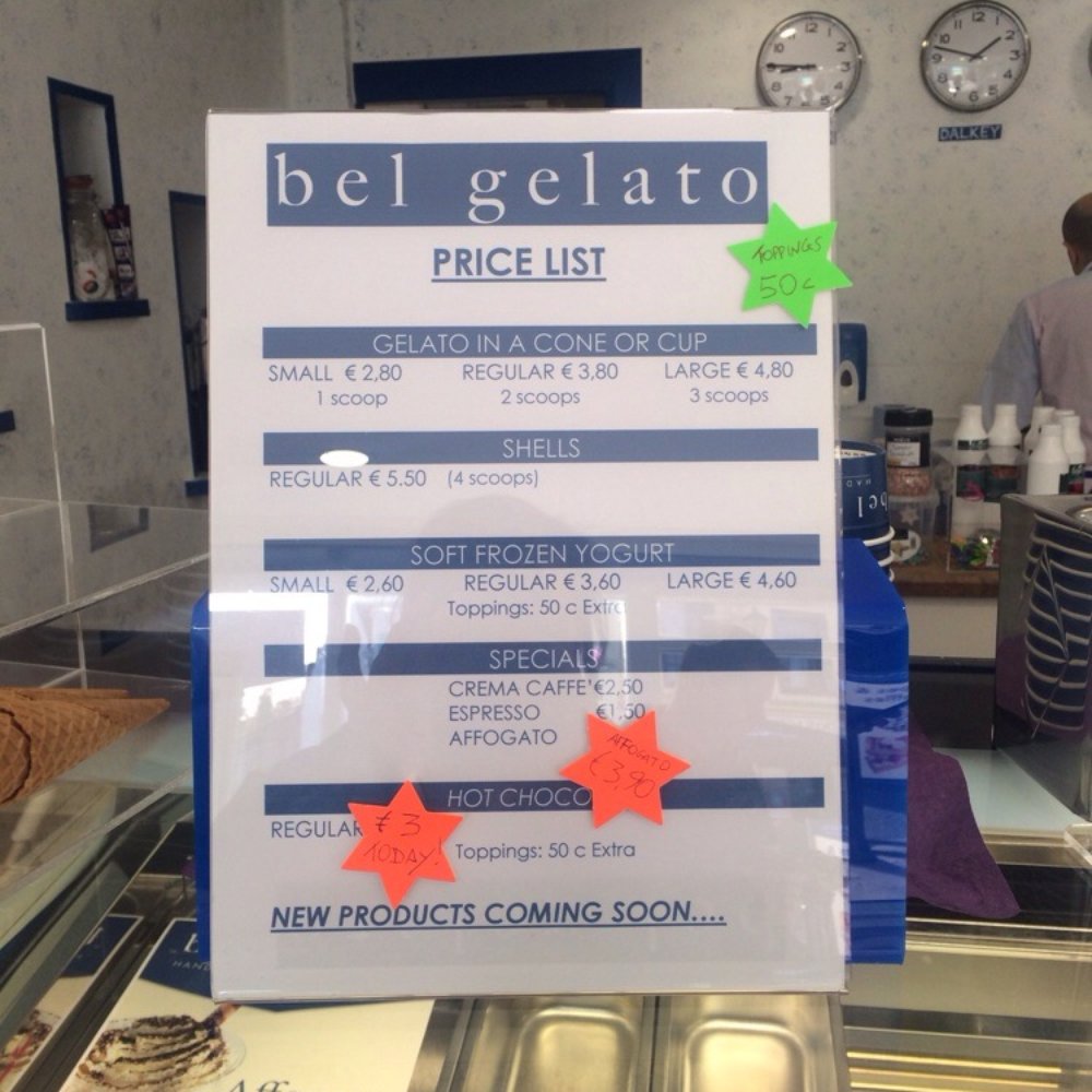 Bel Gelato - Ice cream and frozen yogurt price list - Desserts Near Me - Dalkey, D