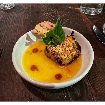 Dirt Candy - Bell Pepper - stuffed bell pepper, sticky rice, orange pepper broth, coconut, thai chilis, peanuts, mushrooms - Vegetarian Near Me - New York, New York