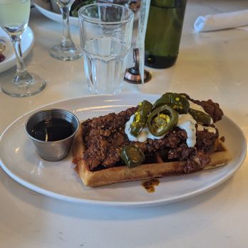 Liberty Common - Nashville Hot Chicken and (Belgium) Waffles with jalapenos (chicken was fried a little too hard) - Southern Near Me - Nashville, Tennessee