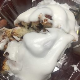 I can appreciate the cream, but it's a bit much on this hard cinnamon roll. I can appreciate the cream, but it's a bit much on this hard cinnamon roll.