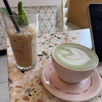 Parakeet Café - Left us Iced Mint Latte (iced). Right is Lavender Matcha Latte (hot). Both were great, not overly sweetened - Coffee & Tea Near Me - La Jolla, California Parakeet Café - Left us Iced Mint Latte (iced). Right is Lavender Matcha Latte (hot). Both were great, not overly sweetened - Coffee & Tea Near Me - La Jolla, California
