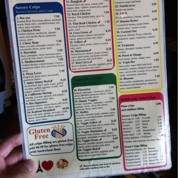 Blossom Bee - The FRONT of the menu which consists of the savory, Thai, vegetarian, and dessert crepes! ...Also ingredients to make your own! - Creperies Near Me - Dublin, California