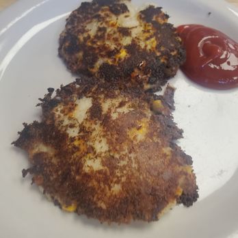 Sunrise Cafe - Side of Potato cakes from specials menu. Like pan fried mashed potatoes. Yummy - Cafes Near Me - Freeport, Maine