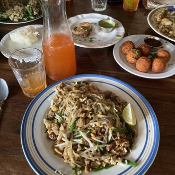 Thai Fresh - Pad Thai with pork, Rice Balls, Beer Battered Mushrooms, Spiked Thai Tea in carafe - Thai Near Me - Austin, Texas Thai Fresh - Pad Thai with pork, Rice Balls, Beer Battered Mushrooms, Spiked Thai Tea in carafe - Thai Near Me - Austin, Texas