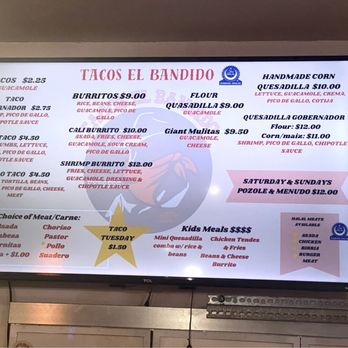 Tacos El Bandido Express - 9/16/24 (mon): Updated menus & costs. Menu board 1 of 3 - Tacos Near Me - Tustin, California Tacos El Bandido Express - 9/16/24 (mon): Updated menus & costs. Menu board 1 of 3 - Tacos Near Me - Tustin, California