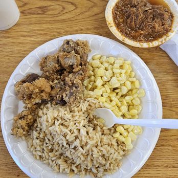 Little Pigs BBQ - Ribs rice with corn and fried gizzards. - Barbeque Near Me - Columbia, South Carolina