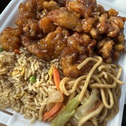 Orange chicken, rice, chow mein plate Orange chicken, rice, chow mein plate