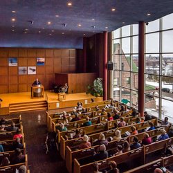 First Unitarian Society of Minneapolis - Upper Assembly Hall with Downtown view.