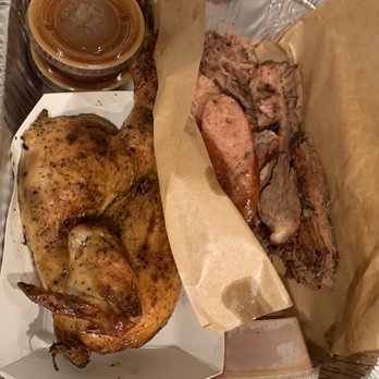 Hard Eight BBQ - half chicken, 1/2 lb brisket, 1/8 lb jalapeño sausage - Barbeque Near Me - The Colony, Texas