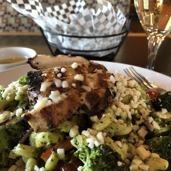 Tuscano's Italian Kitchen - Pesto Chicken Salad and Glass of Moscato - Italian Near Me - Monroe, Washington Tuscano's Italian Kitchen - Pesto Chicken Salad and Glass of Moscato - Italian Near Me - Monroe, Washington