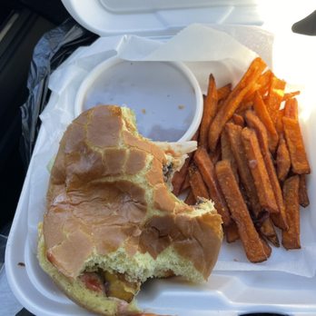 The Shack - Burger with sweet potato fries. - Southern Near Me - Evergreen, Alabama