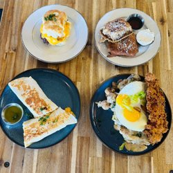 Greenwoods - Smashburger Biscuit, Chorizo Burrito, Biscuits & Gravy with Fried Chicken, Biscuit French Toast with Berry syrup