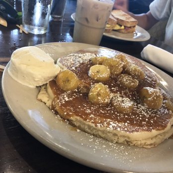 Breakfast Club - Pancakes Banana 's Foster style, in back is the BC Iced Coffee and behind that is the breakfast sandwich - Breakfast & Brunch Near Me - Phoenix, Arizona
