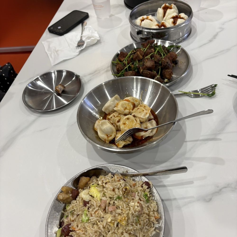 Fried rice, pork dumplings, pork ribs, pork buns.