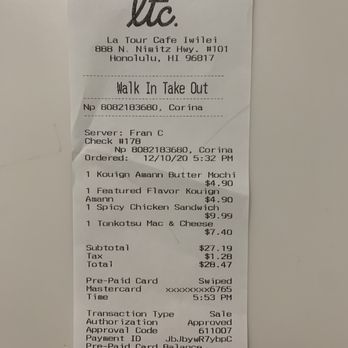 La Tour Cafe - receipt - Cafes Near Me - Honolulu, Hawaii La Tour Cafe - receipt - Cafes Near Me - Honolulu, Hawaii