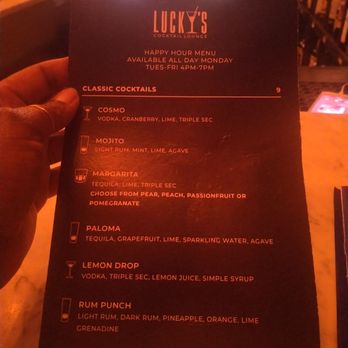 Lucky’s Cocktail Lounge - Front of happy hour menu. - Cocktail Bars Near Me - Brooklyn, New York