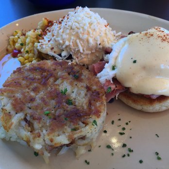 Snooze, an A.M. Eatery - Eggs Benedict combo plate- I Like You Elote and the Ham Benedict- with a side of hash browns. - Breakfast & Brunch Near Me - Katy, Texas Snooze, an A.M. Eatery - Eggs Benedict combo plate- I Like You Elote and the Ham Benedict- with a side of hash browns. - Breakfast & Brunch Near Me - Katy, Texas