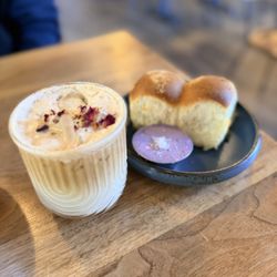 Tres leches latte and pandesal with ube butter