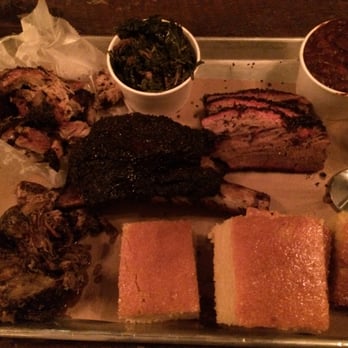 Hometown Bar-B-Que - our meat plate - cornbread, collards, lamb belly, pork belly, brisket & the infamous beef rib - Barbeque Near Me - Brooklyn, New York