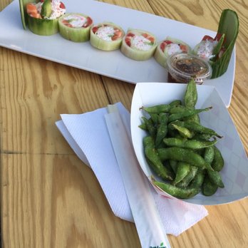 Dawa Sushi - Edamame and a roll (can't remember the name, but it had salmon, tuna, crab, whitefish, & avocado wrapped in cucumber) - Food Trucks Near Me - Austin, Texas Dawa Sushi - Edamame and a roll (can't remember the name, but it had salmon, tuna, crab, whitefish, & avocado wrapped in cucumber) - Food Trucks Near Me - Austin, Texas