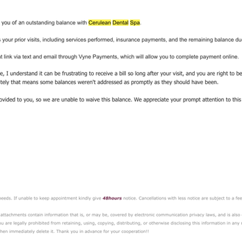 Cerulean Dental Spa - Letter on July 23, 2025 to inform of payments from services performed in December 2021 & 2022. - General Dentistry Near Me - Santa Clara, California