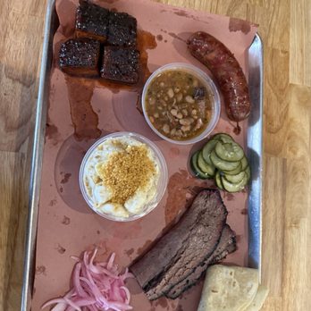 Interstellar BBQ - Peach tea pork belly, brisket, sausage, mac and cheese, pinto beans - Barbeque Near Me - Austin, Texas Interstellar BBQ - Peach tea pork belly, brisket, sausage, mac and cheese, pinto beans - Barbeque Near Me - Austin, Texas