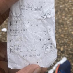 Taz's - Receipt proof of purchase of the items I pay for at Taz convenience store