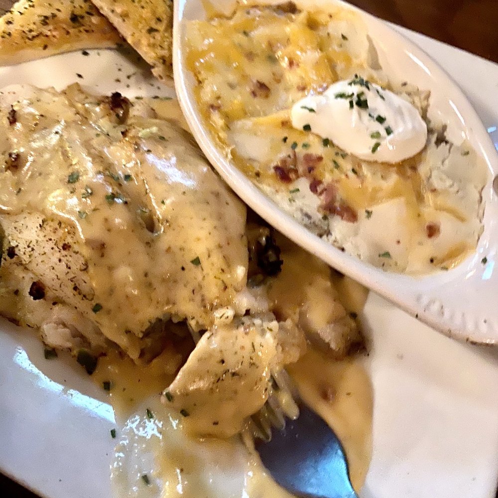 Gatsby's Saloon - Flounder Del Ray with twice baked potatoes - Seafood Near Me - Bay City, Michigan