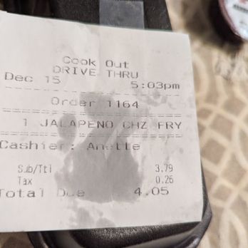 Cook Out - $4.05 receipt. What has happened to $.99 fries and drinks at fast food restaurants? - Burgers Near Me - Boone, North Carolina
